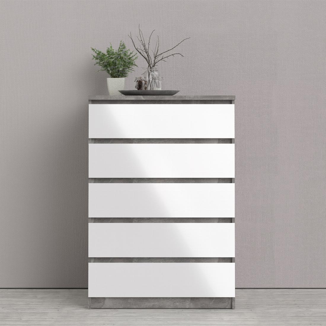 Naia Chest of 5 Drawers in Concrete and White High Gloss