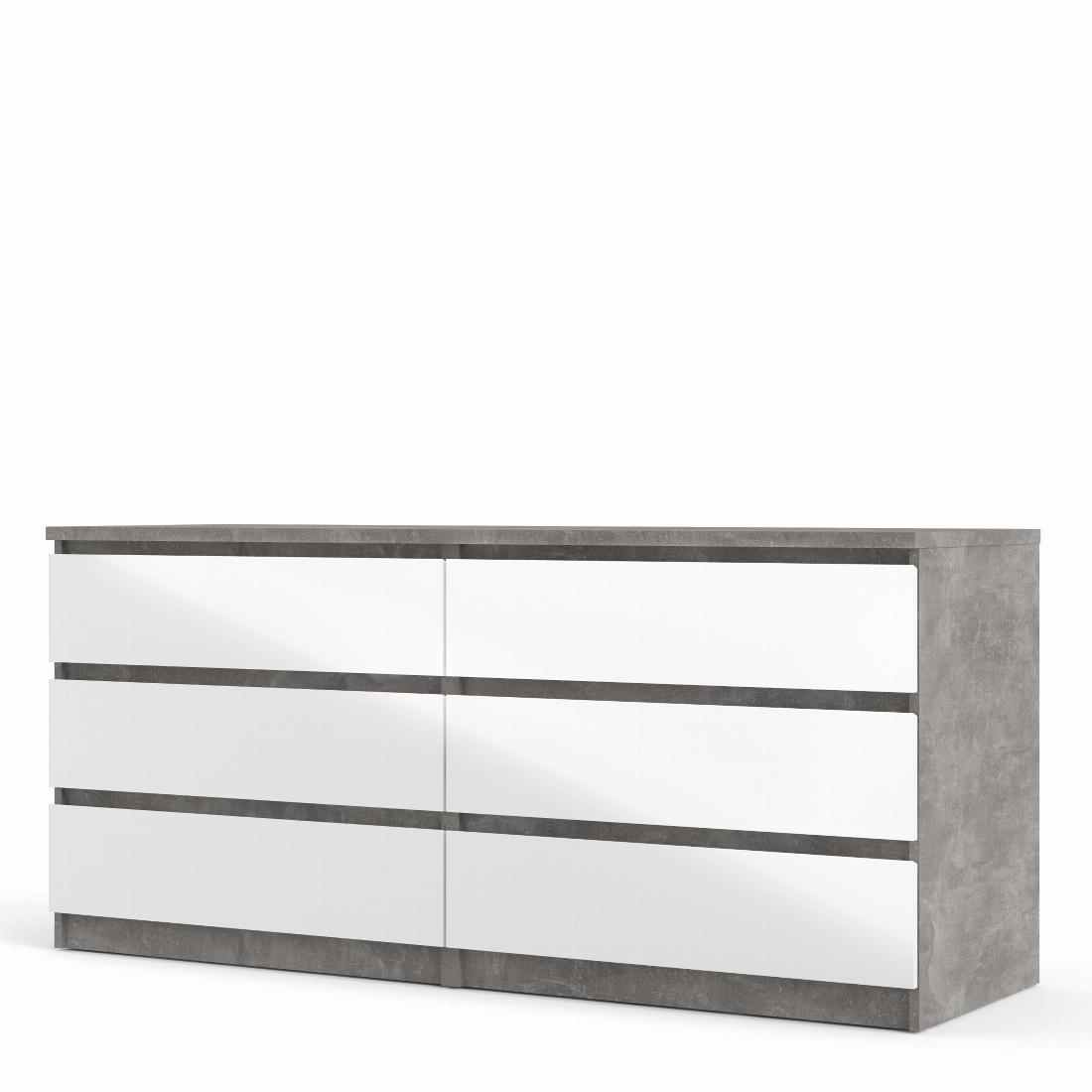 Naia Wide Chest of 6 Drawers (3+3) in Concrete and White High Gloss