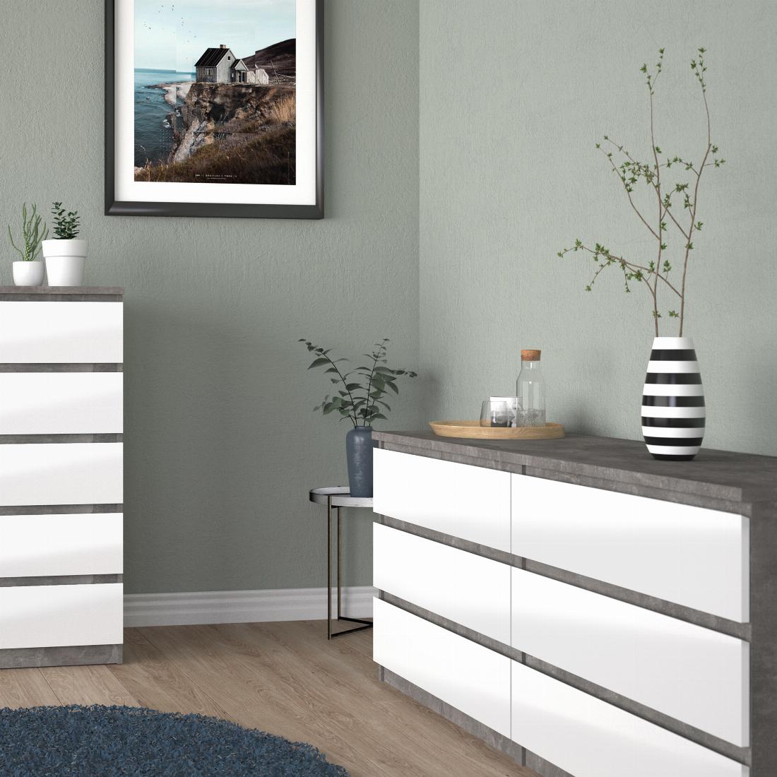 Naia Wide Chest of 6 Drawers (3+3) in Concrete and White High Gloss