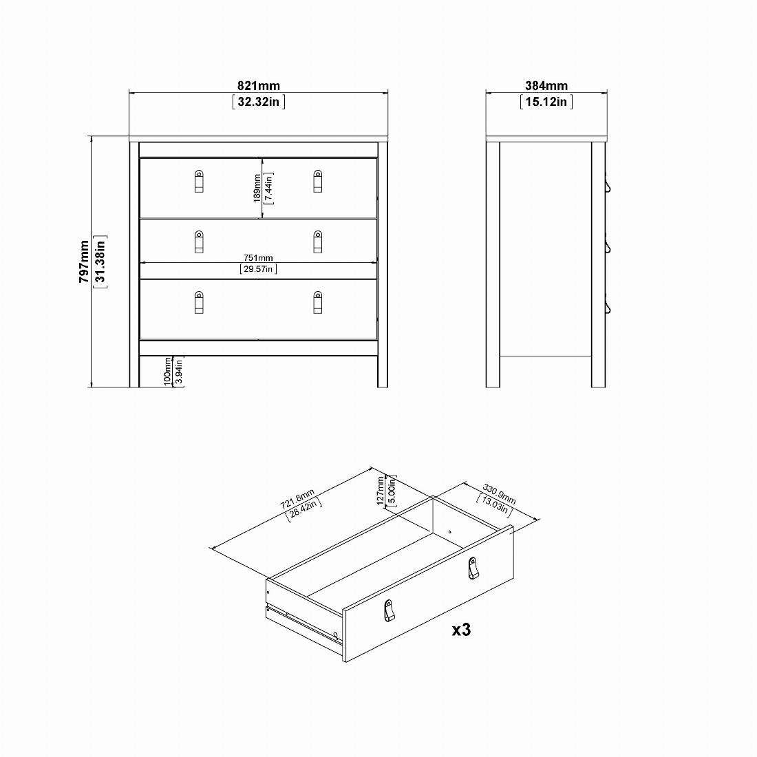 Barcelona Chest 3 drawers in Matt Black