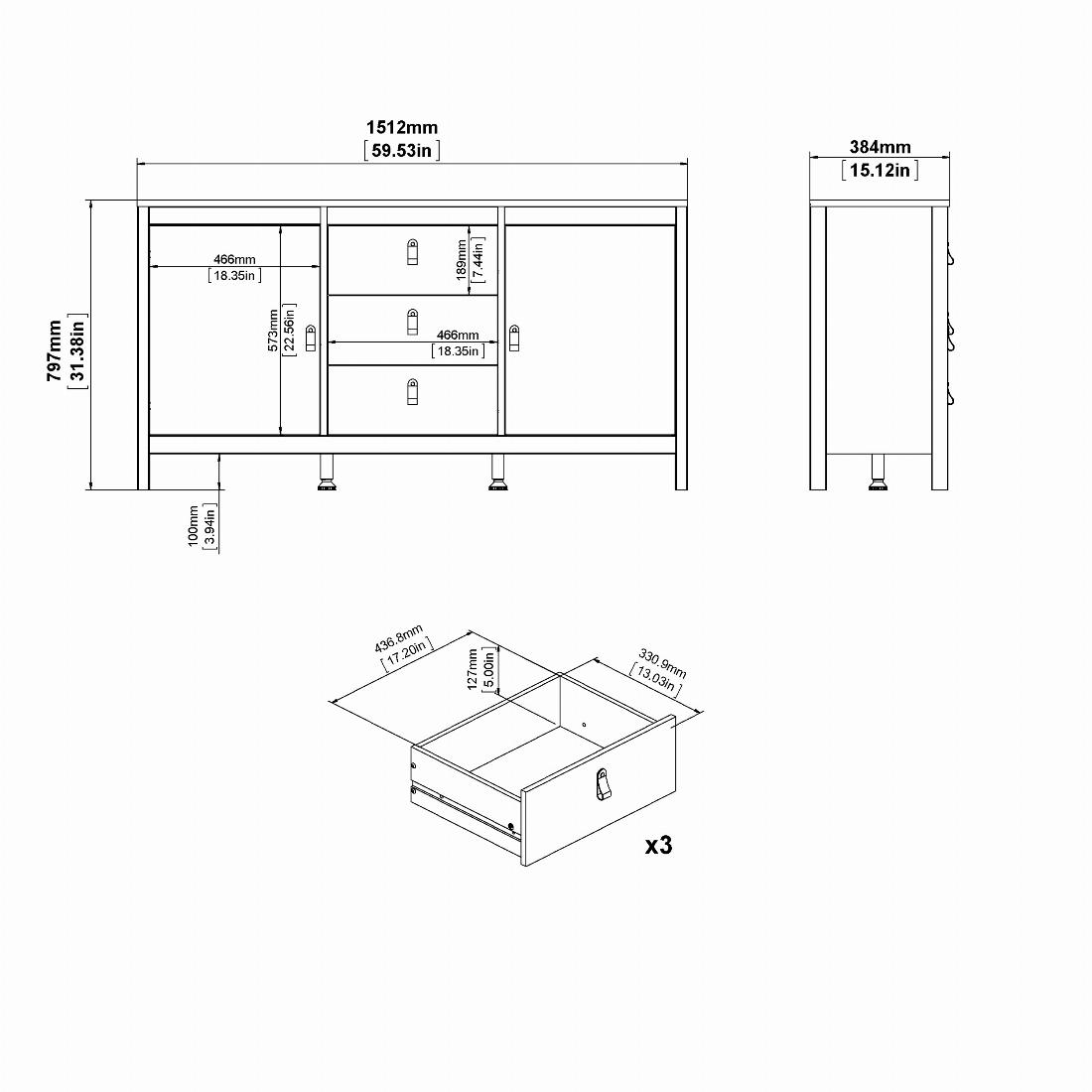 Barcelona Sideboard 2 doors + 3 drawers in White