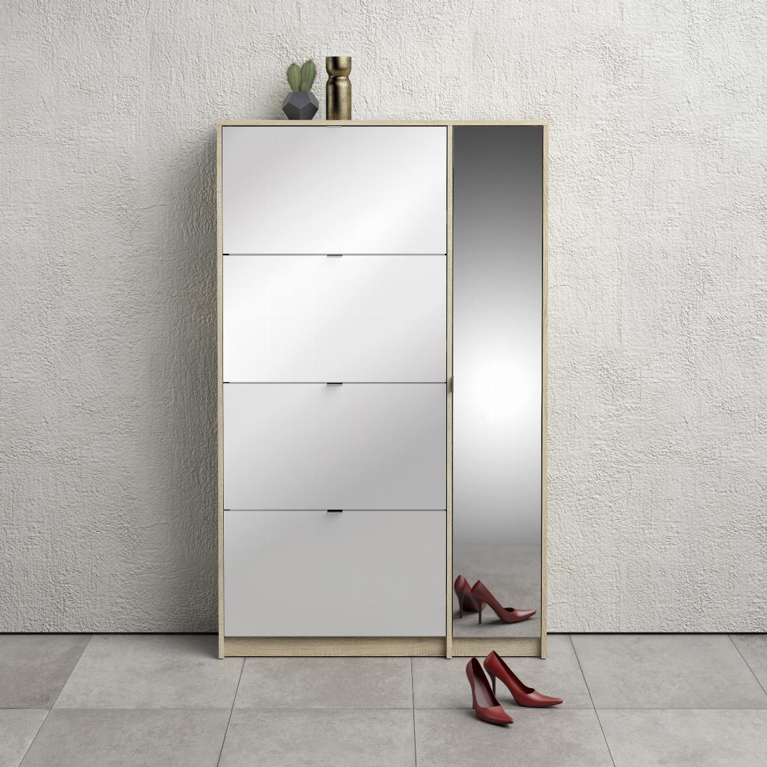 Shoe cabinet w. 4 tilting doors and 2 layers +  1 mirror door