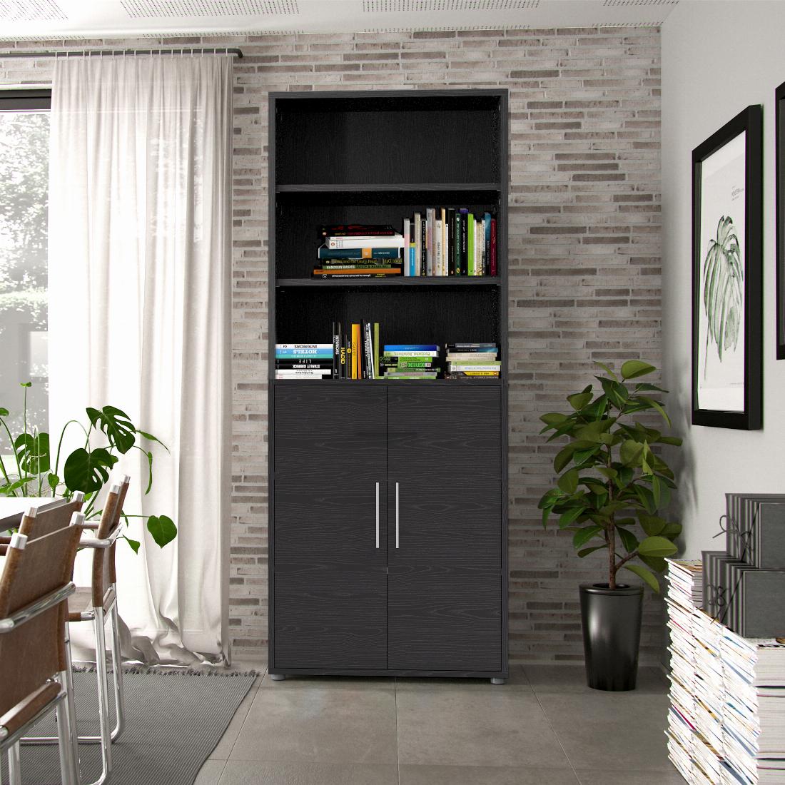 Prima Bookcase 5 Shelves with 2 Doors in Black woodgrain