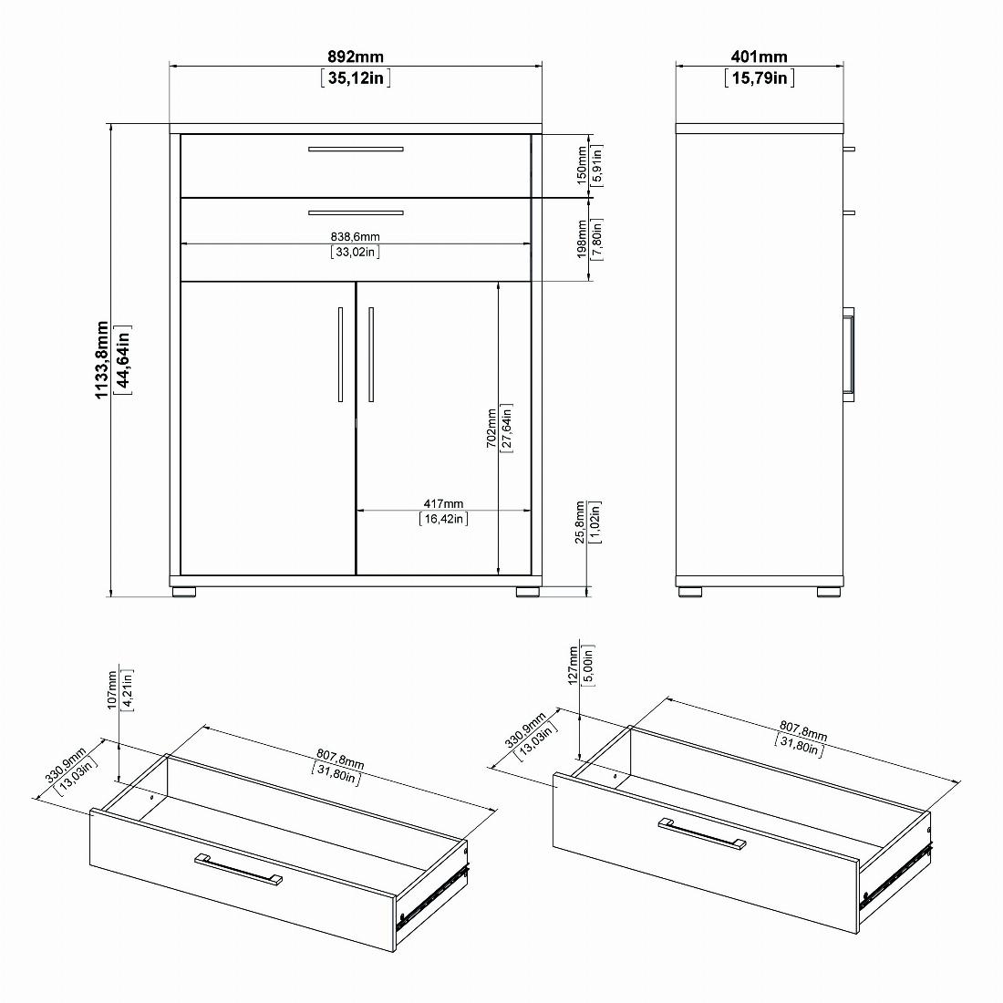 Prima Bookcase 2 Shelves With 2 Drawers And 2 Doors In Black Woodgrain