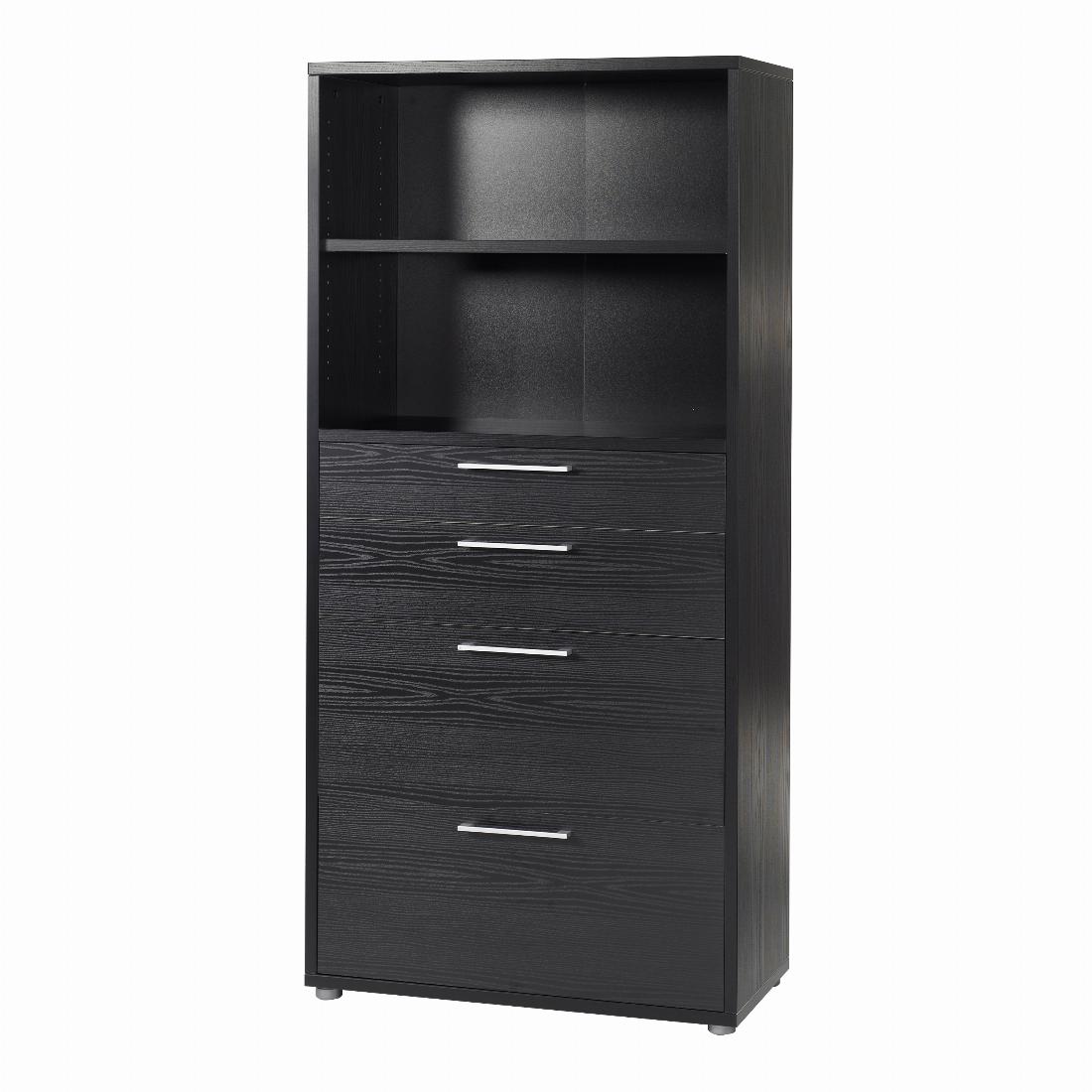 Prima Bookcase 1 Shelf With 2 Drawers + 2 File Drawers In Black Woodgrain