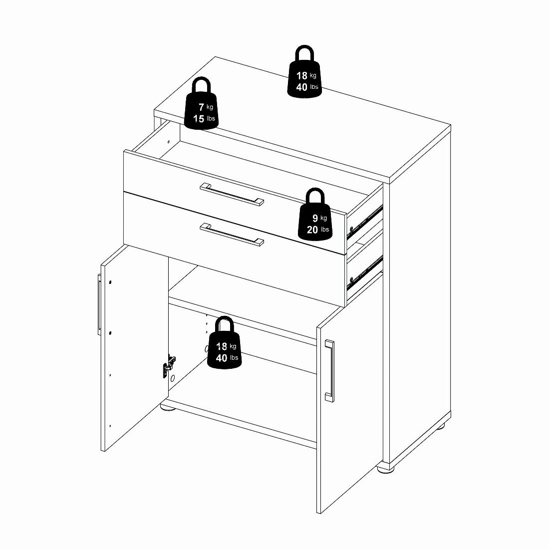 Prima Bookcase 1 Shelf With 2 Drawers And 2 Doors In White