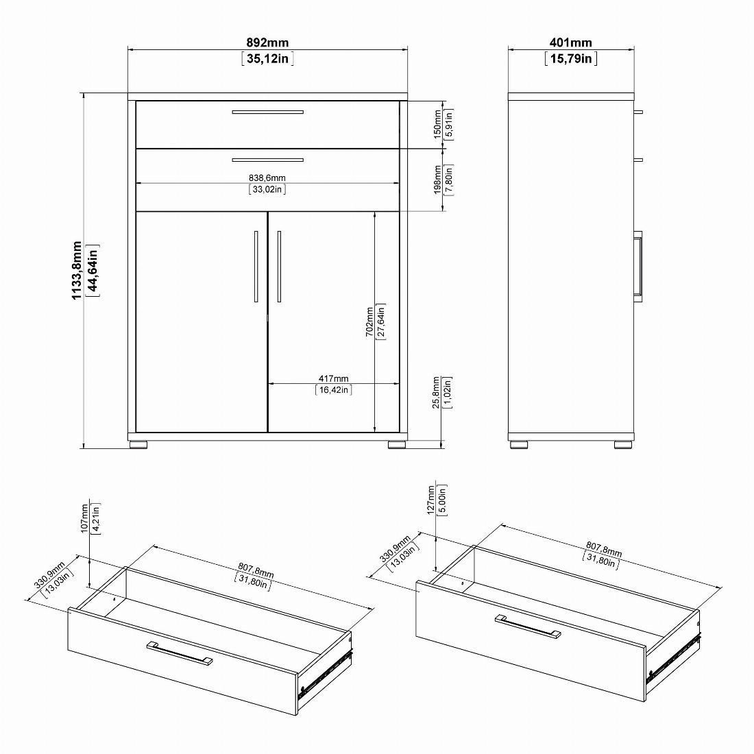 Prima Bookcase 2 Shelves with 2 Drawers and 2 Doors in Oak