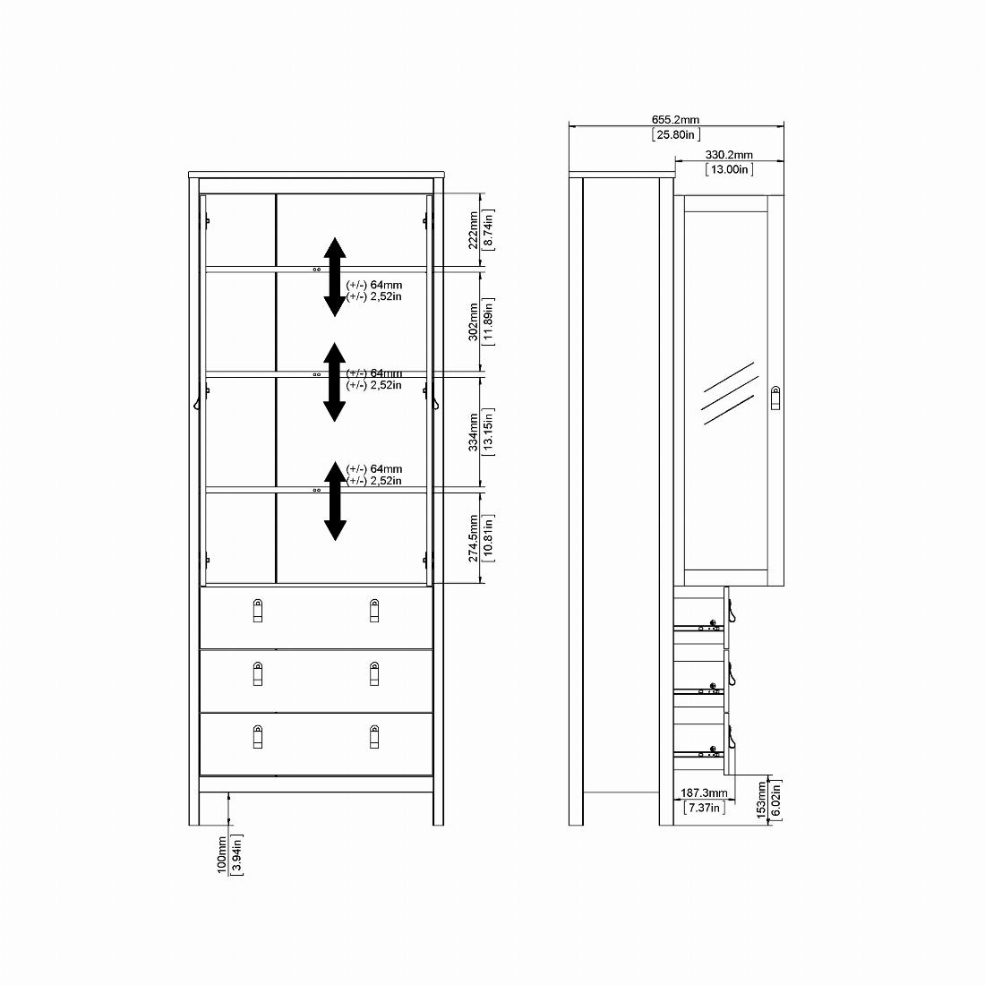 Madrid China cabinet 2 doors w/glass + 3 drawers in White