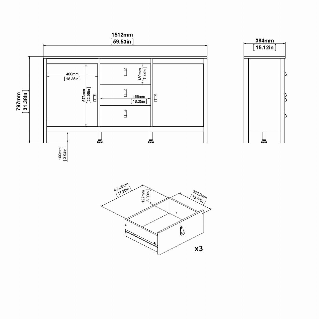 Madrid Sideboard 2 doors + 3 drawers in Matt Black