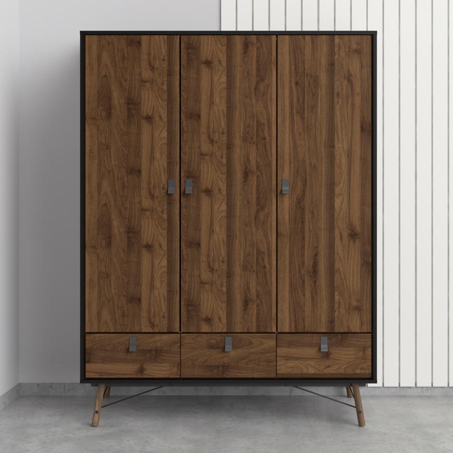 Ry Wardrobe 3 doors 3 drawers in Matt Black Walnut