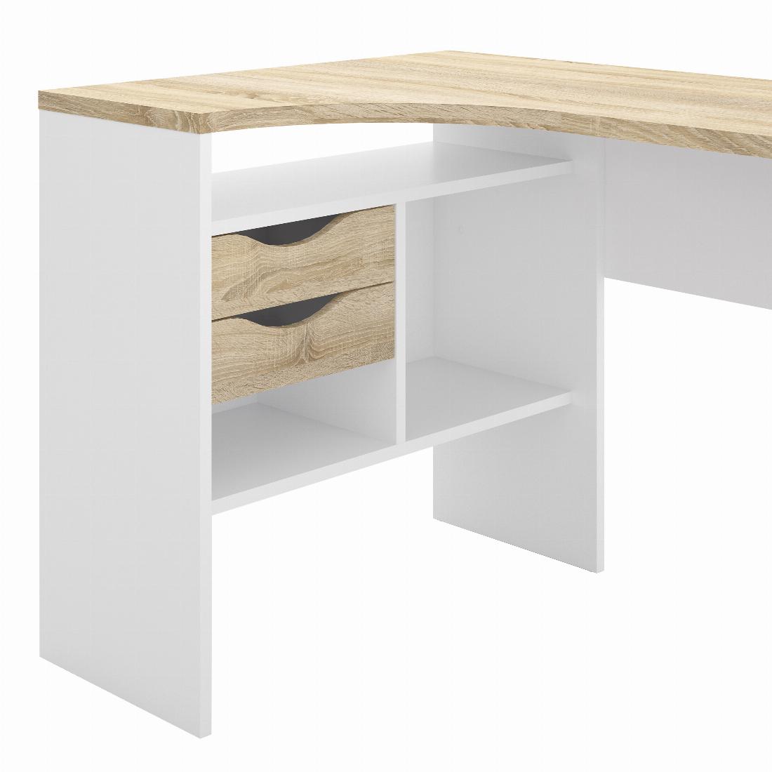 Function Plus Corner Desk 2 Drawers in White and Oak