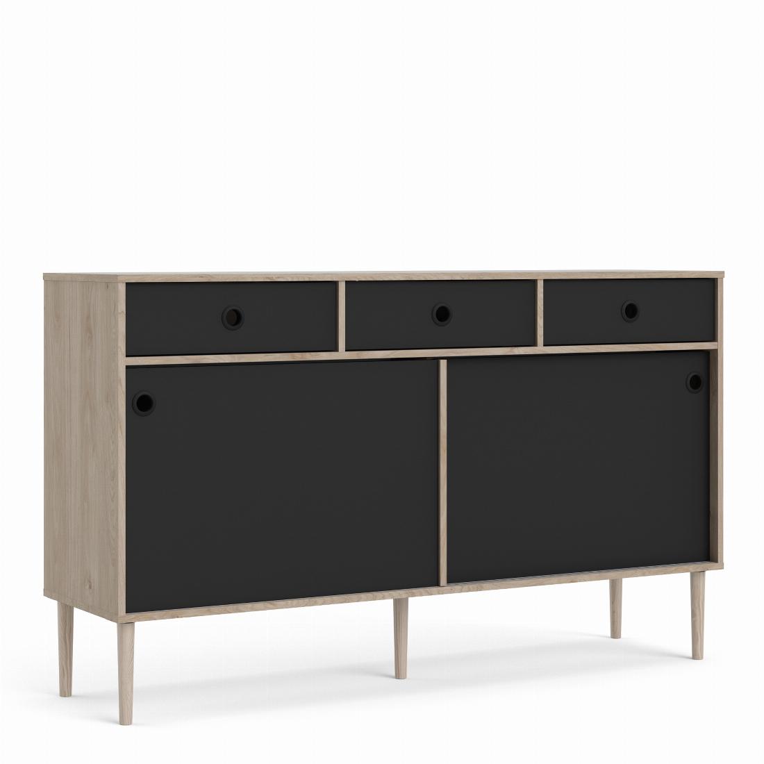 Rome Sideboard 2 Sliding Doors + 3 Drawers in Jackson Hickory Oak and Matt Black