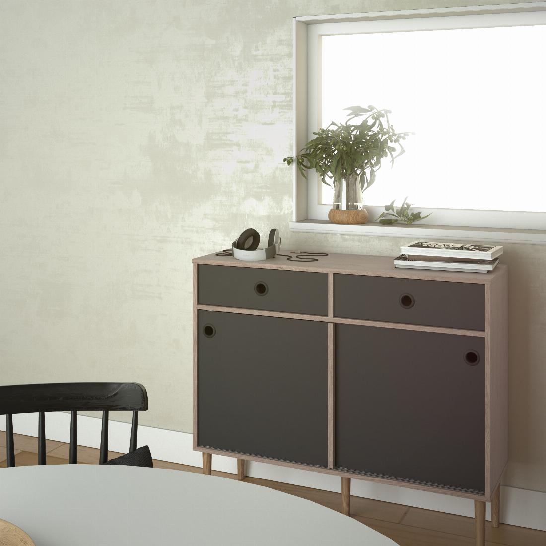 Rome Sideboard 2 Sliding Doors + 2 Drawers in Jackson Hickory Oak with Matt Black