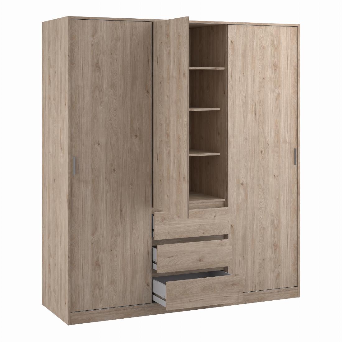 Naia Wardrobe with 2 sliding doors + 1 door + 3 drawers in Oak structure Jackson Hickory