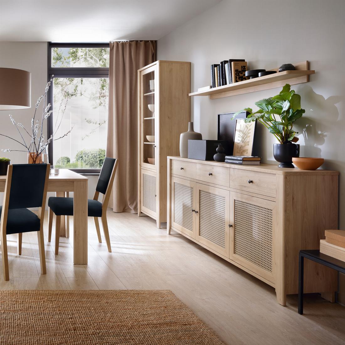 Cestino 3 Door 3 Drawer Sideboard in Jackson Hickory Oak and Rattan Effects