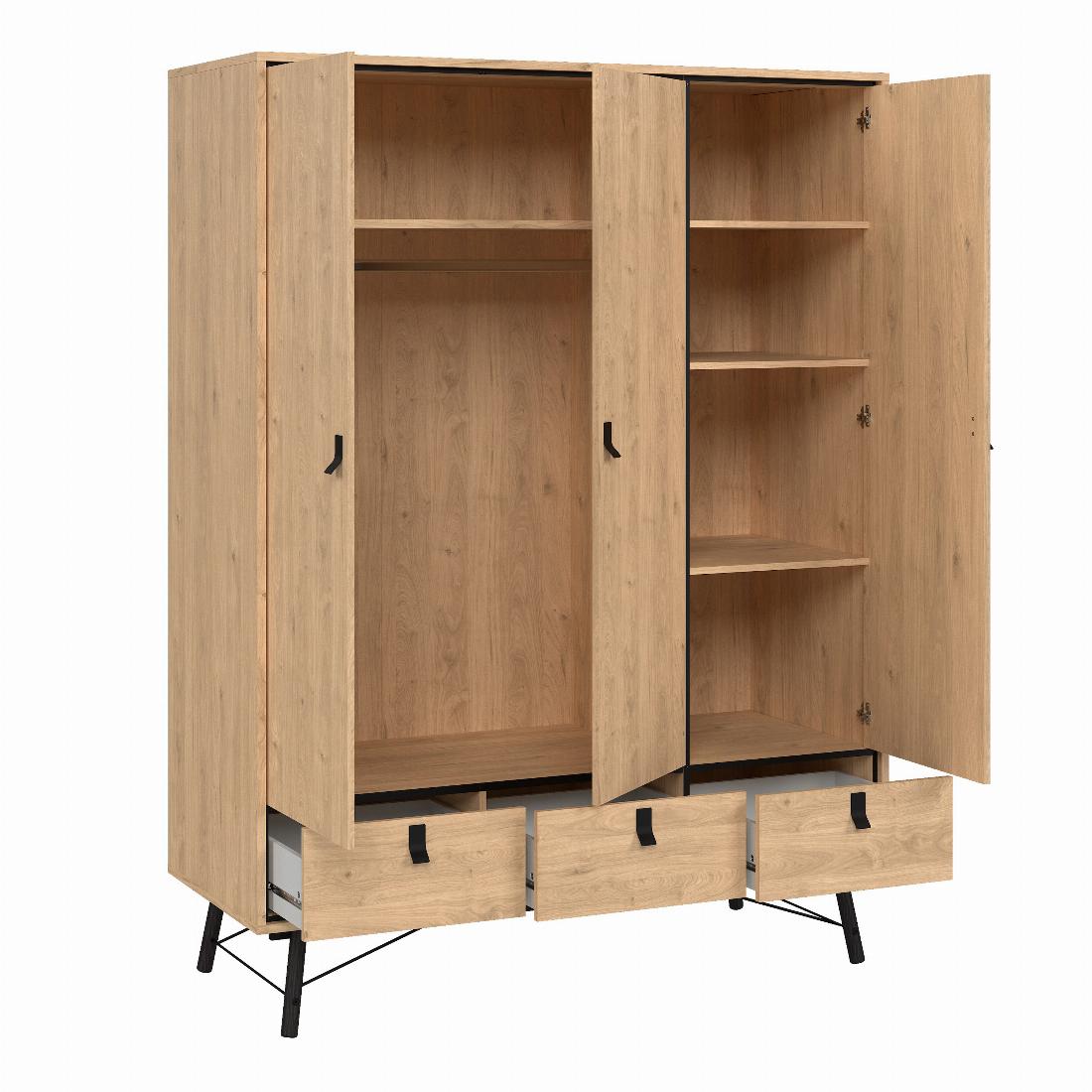 Ry Wardrobe 3 Doors 3 Drawers in Jackson Hickory Oak