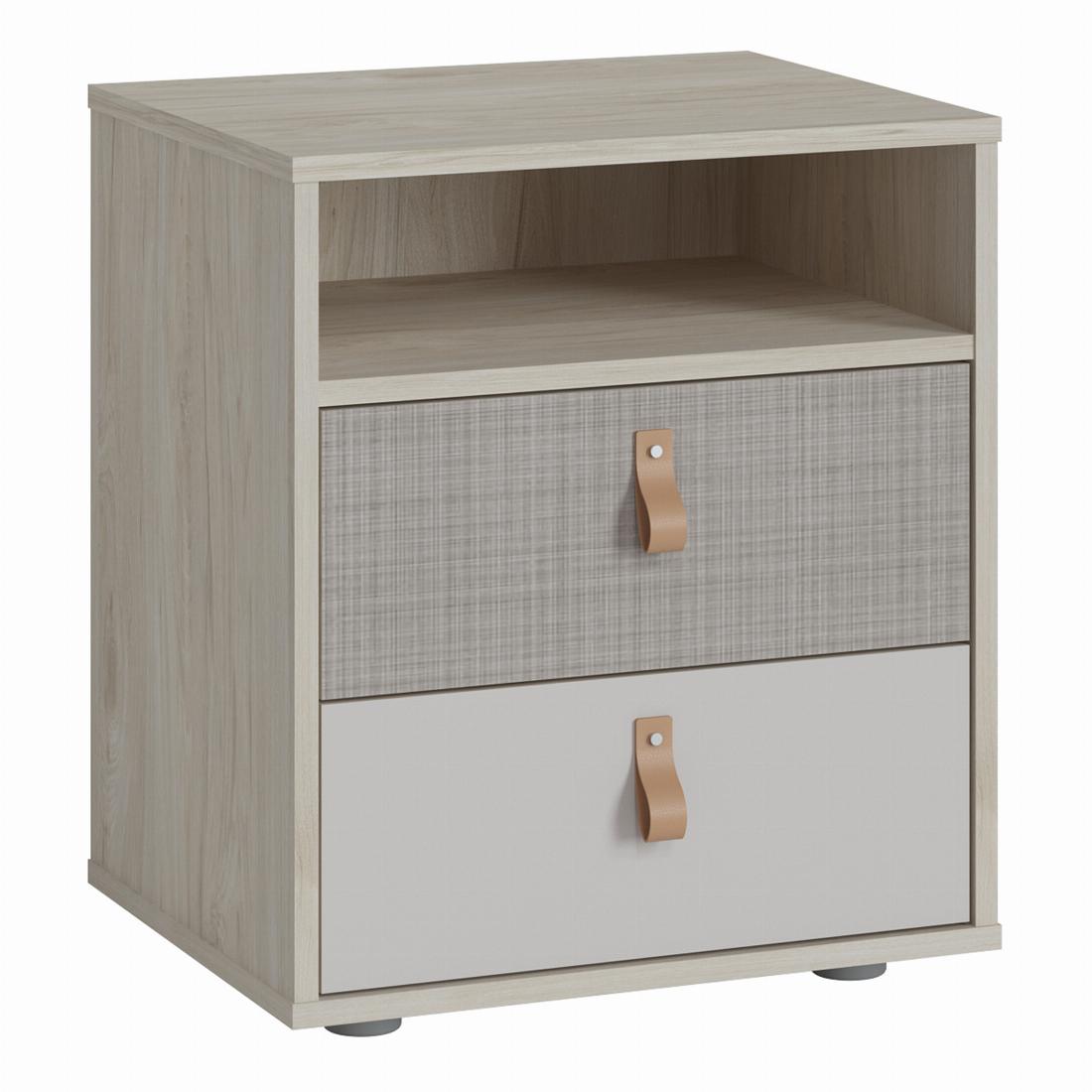 Denim 2 Drawer Bedside Cabinet in Light Walnut, Grey Fabric Effect and Cashmere