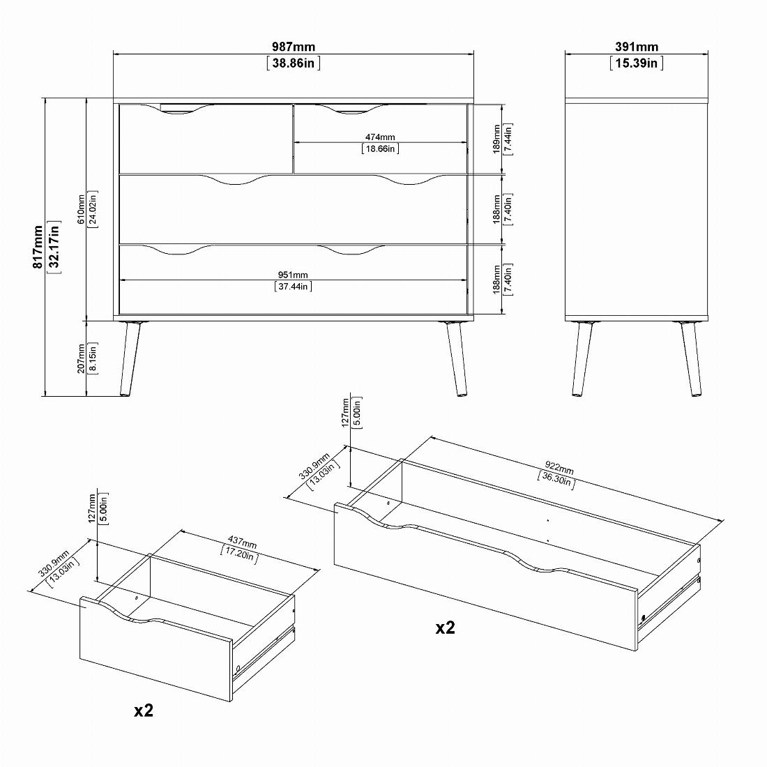 Oslo Chest of 4 Drawers (2+2) in Black and Oak