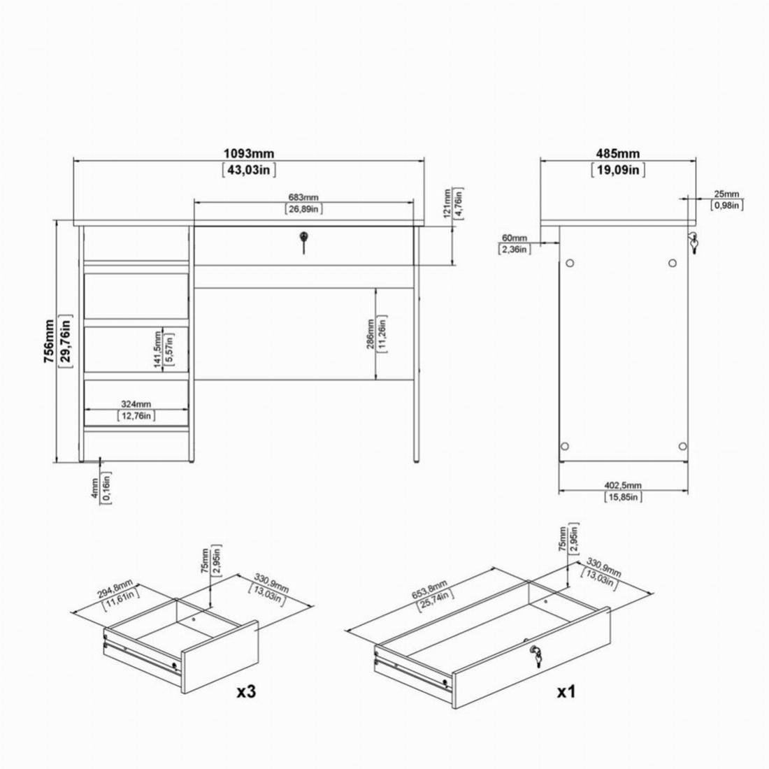 Function Plus Desk (3+1) handle free Drawer in Black