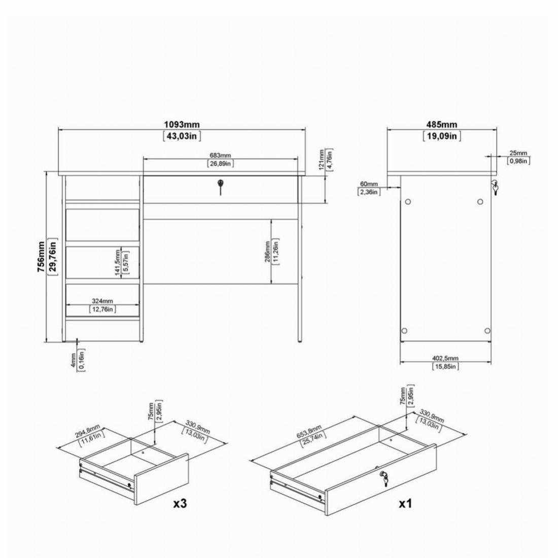 Function Plus Desk (3+1) handle free Drawer in White