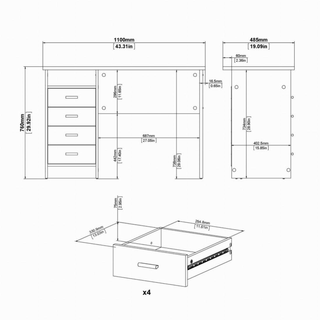 Function Plus 4 Drawer Desk in White