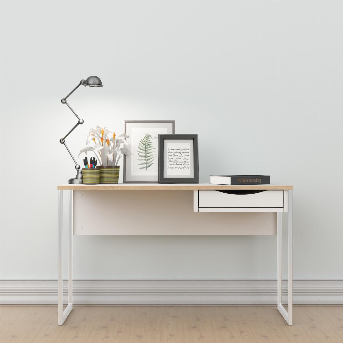 Function Plus Desk 1 Drawer Wide in White with Oak Trim