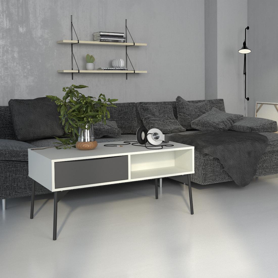 Fur Coffee table with 1 Drawer in Grey and White