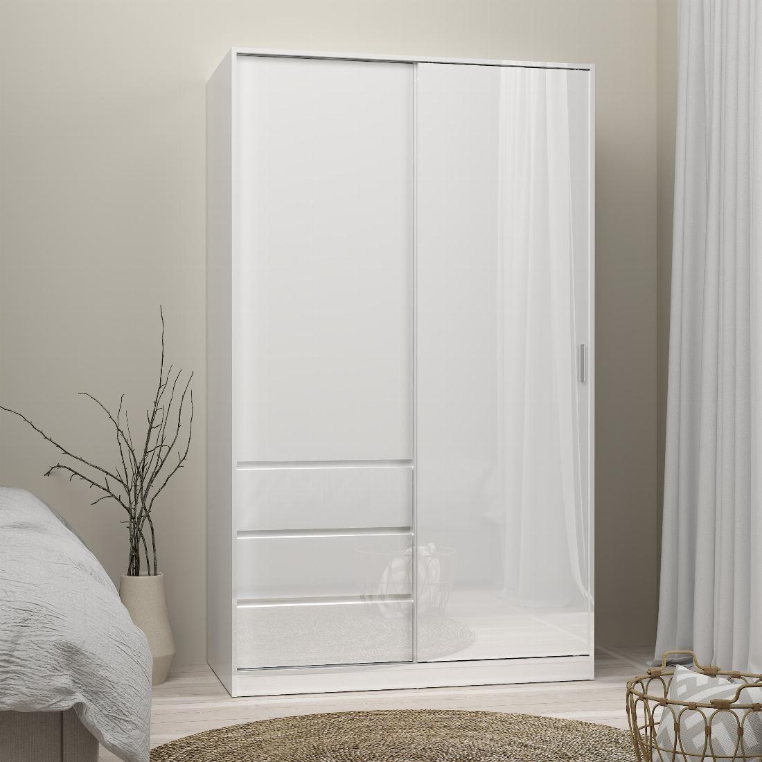 Naia Wardrobe with 1 Sliding door + 1 door + 3 drawers in White High Gloss