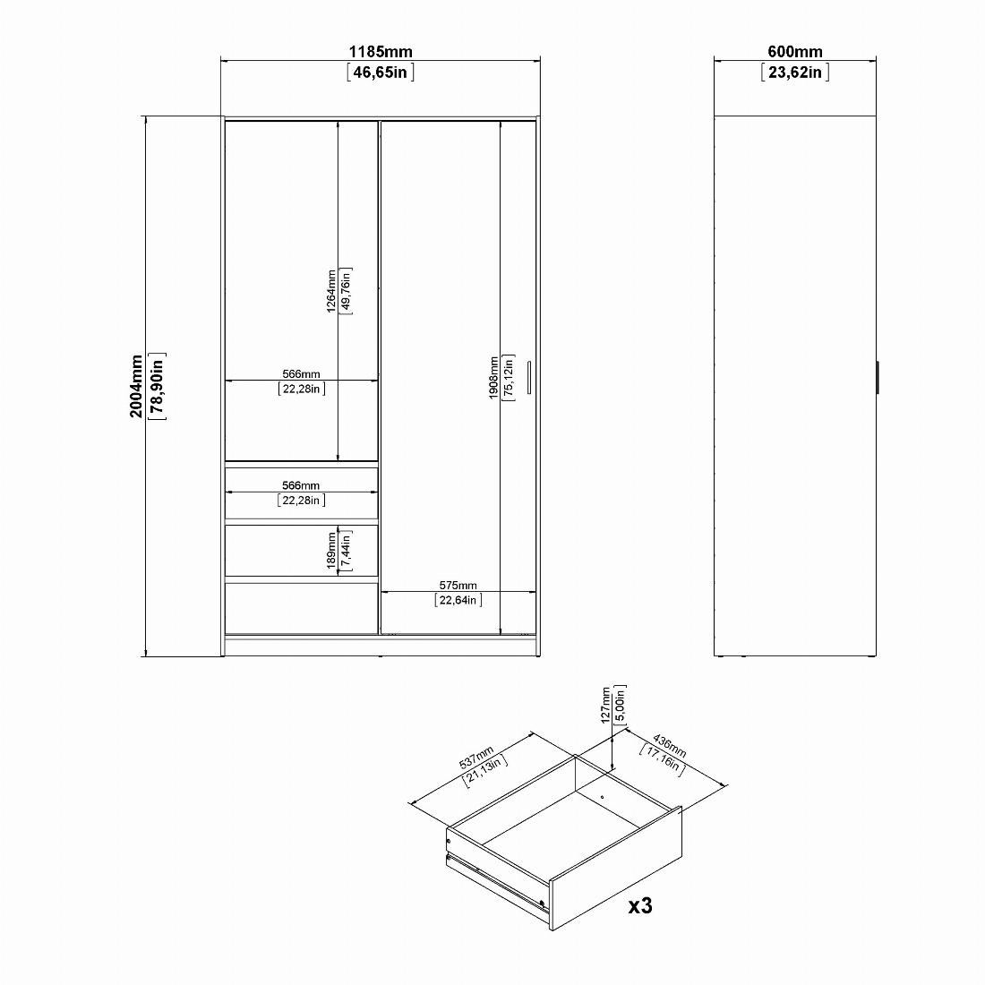 Naia Wardrobe with 1 Sliding door + 1 door + 3 drawers in Oak structure Jackson Hickory