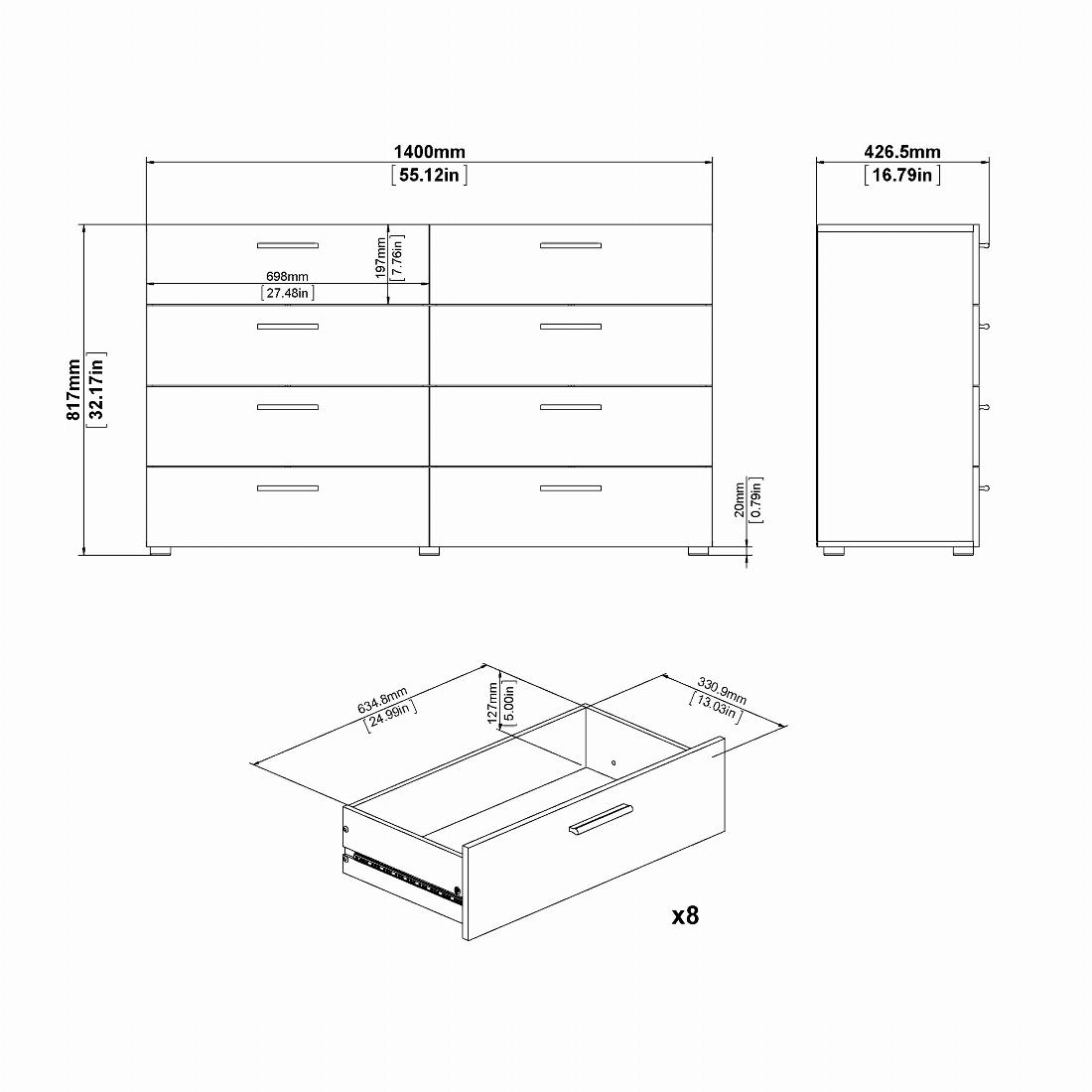 Pepe Wide Chest of 8 Drawers (4+4) in White Woodgrain