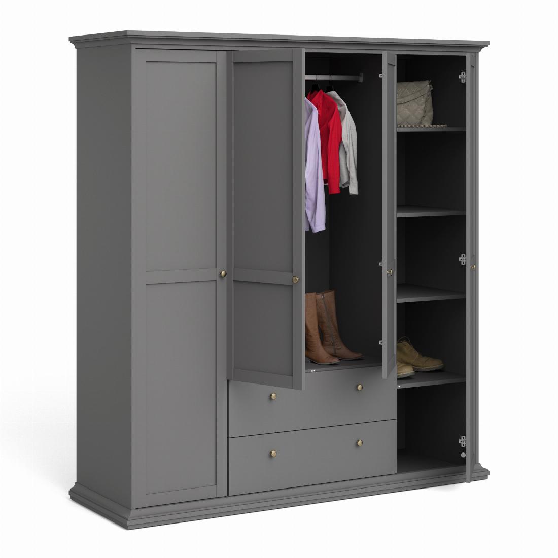 Paris Wardrobe with 4 Doors 2 Drawers in Matt Grey