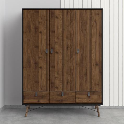 Ry Wardrobe 3 doors 3 drawers in Matt Black Walnut