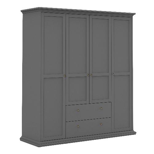 Paris Wardrobe with 4 Doors 2 Drawers in Matt Grey